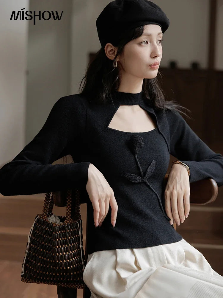 Mishow French Vintage Black Hollow Mock Neck Sweater MXD42Z0731