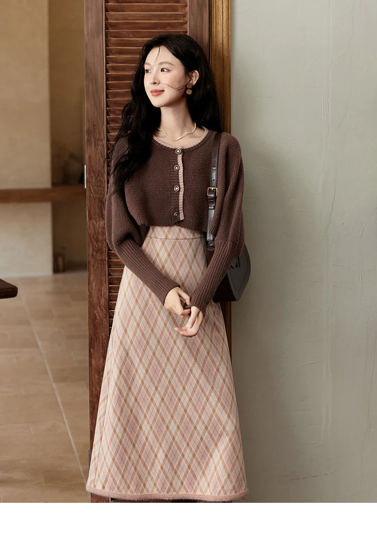 Mishow French Knitted Cardigan & Plaid Camisole Dress Set MXD43L2012