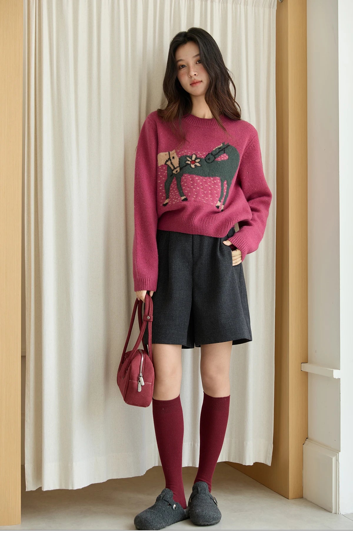Mishow Red Pony Jacquard Round Neck Pullover MXE48Z2622