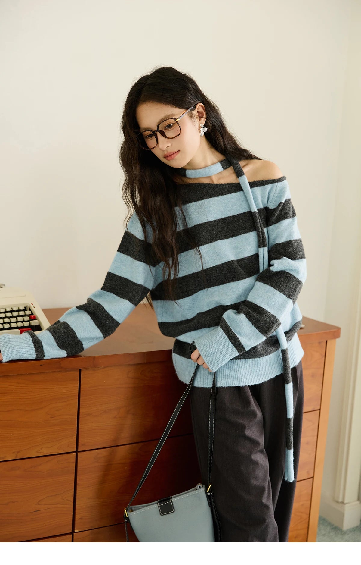 Mishow Blue Gray Slanted Shoulder Ribbon Sweater MXE46Z2540