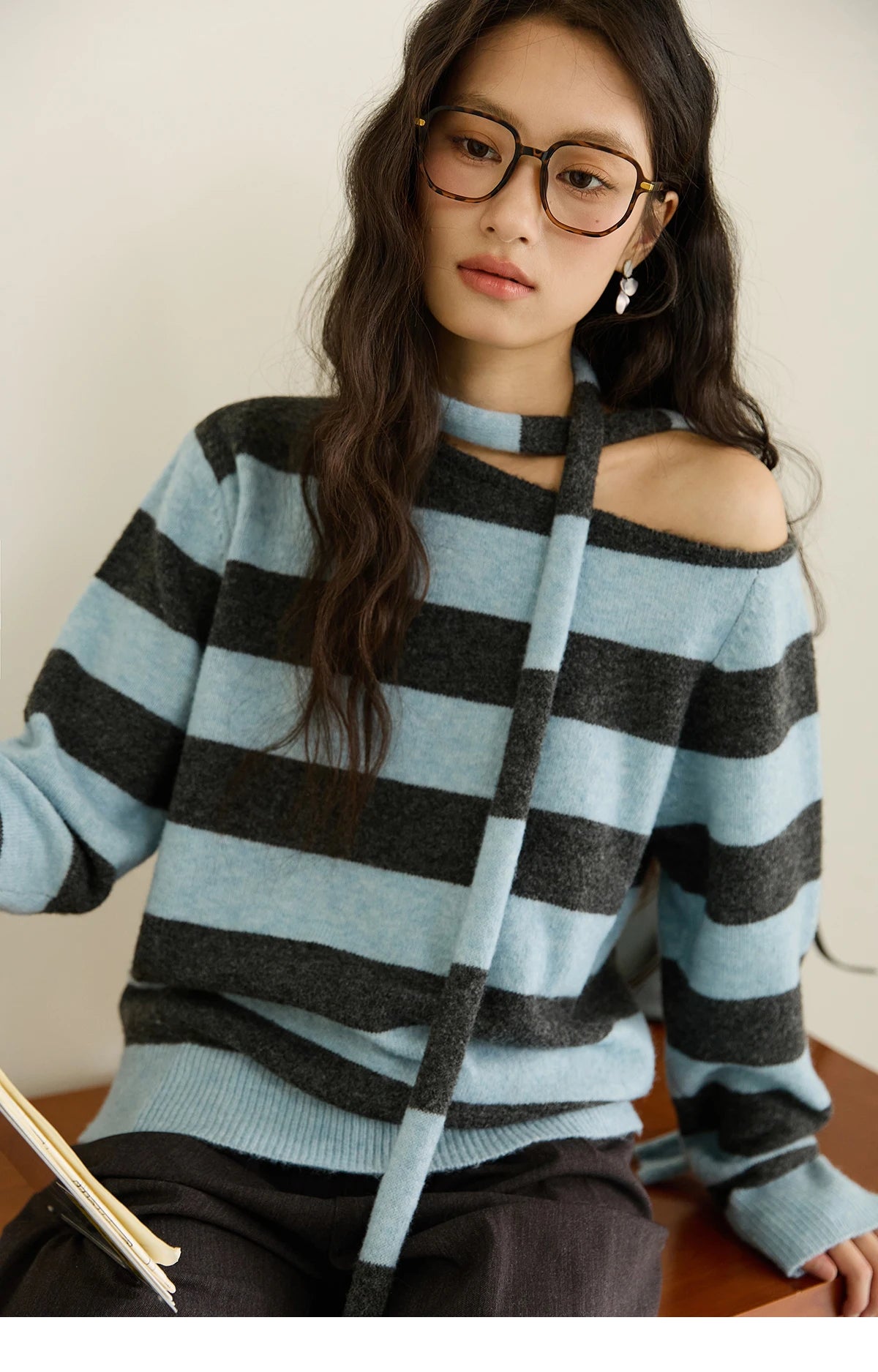 Mishow Blue Gray Slanted Shoulder Ribbon Sweater MXE46Z2540