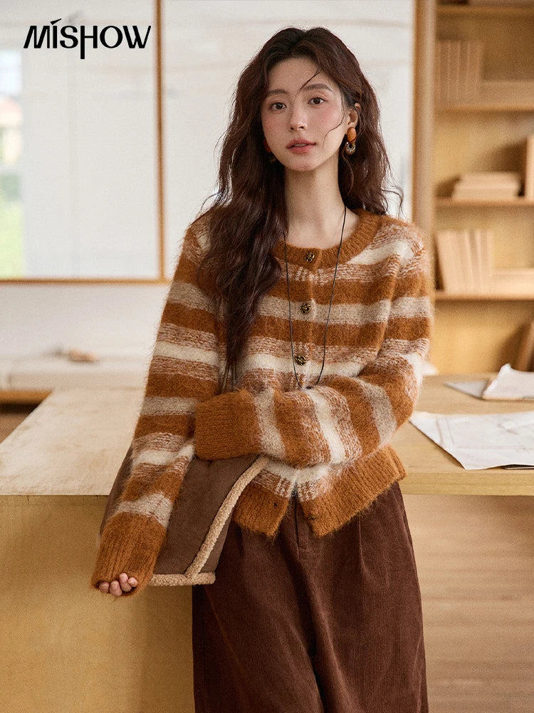 Mishow Retro Striped Round Neck Wool Cardigan MXE87Z2723