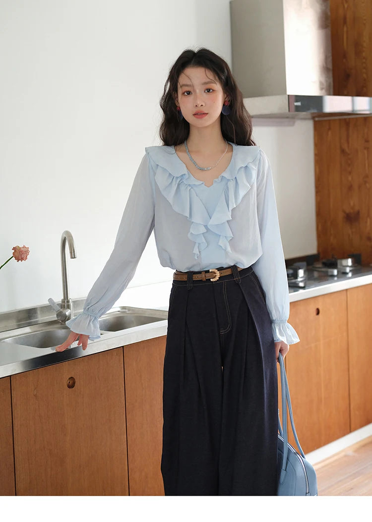 MISHOW Blue Lyocell Ruffled Shirt Flared Sleeves MXE41X1969