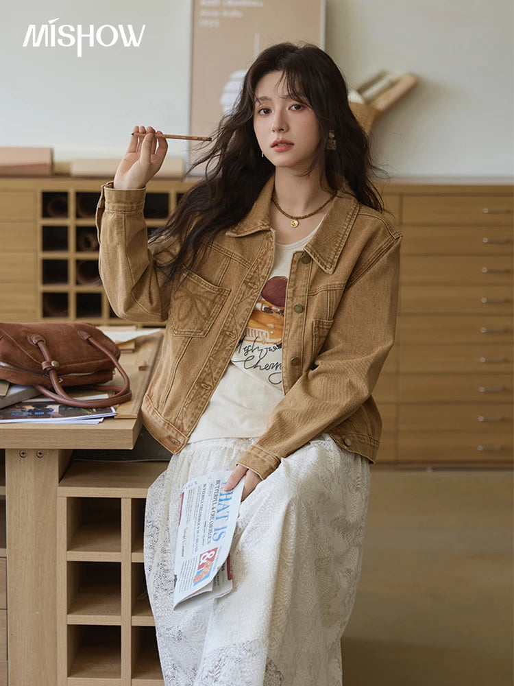 MISHOW Light Brown Denim Jacket Embroidered Pockets Dropped Sleeve MXE41W0795