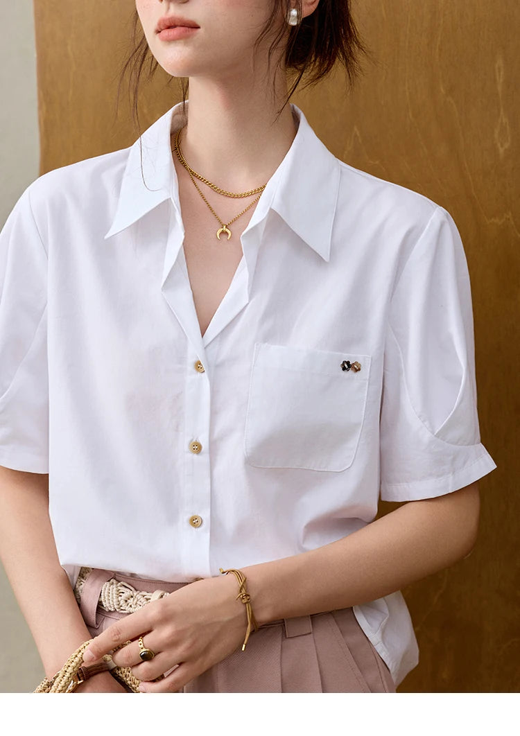MISHOW French Turn-Down Collar Short Sleeve Solid Blouse MXE33C0778