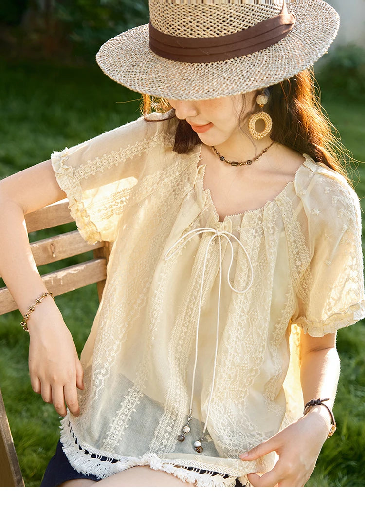 MISHOW Embroidered Jacquard Blouse O-Neck Lace Up MXE37X1861