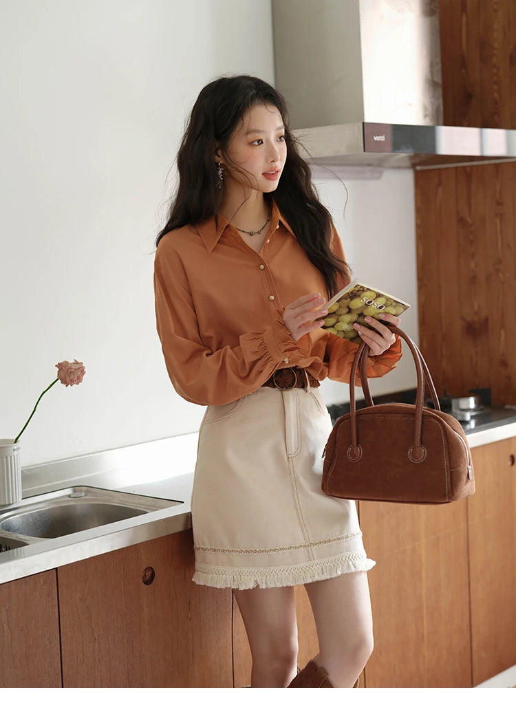 MISHOW Women's Color Block Shirt Pleated Cuffs Lapel Top MXE41C2352