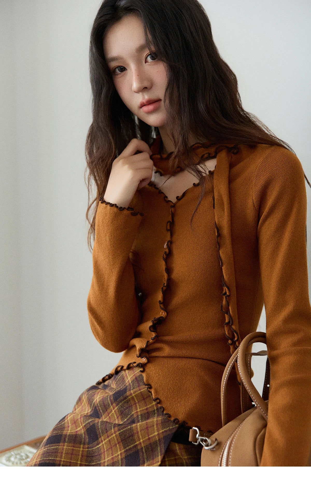 Mishow Ruffled Edge V-Neck Ribbon Knit Pullover MXE86Z2728