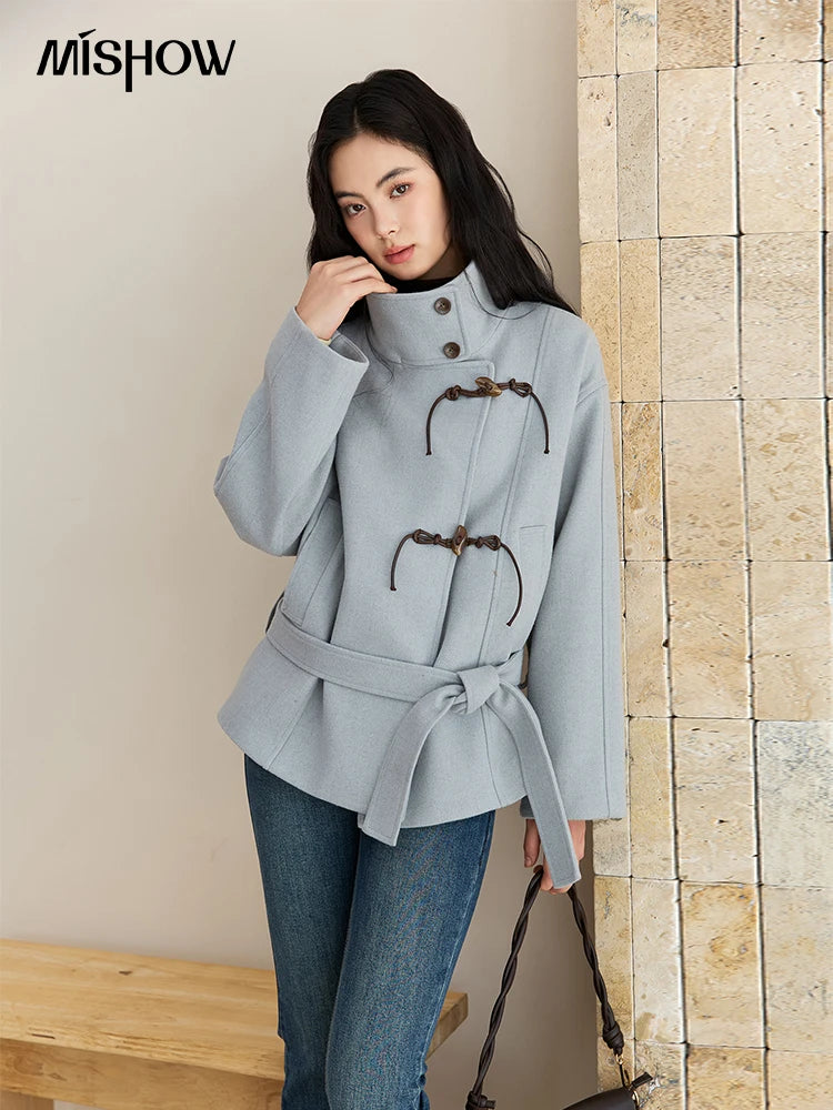 Mishow Blue Double-Breasted Lace Up Woolen Coat MXE51W0872