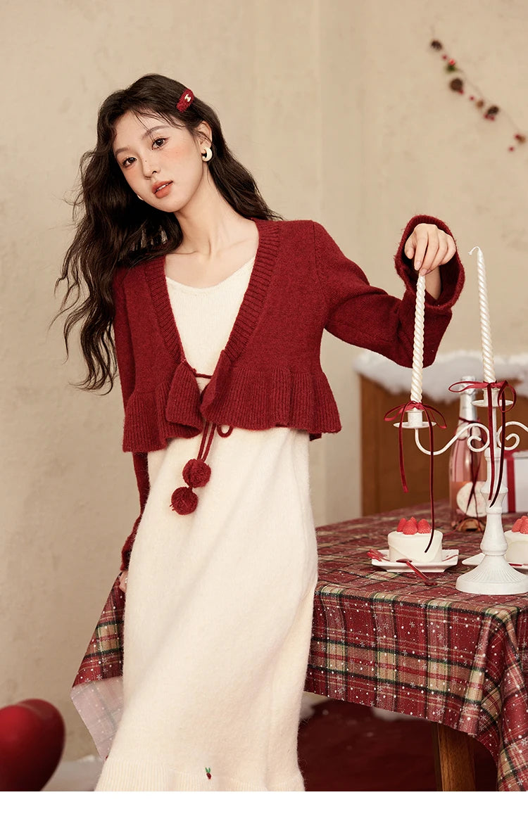 Mishow Pom-Pom Lace-Up Cardigan & Ruffle Strap Dress Set MXD59L2133