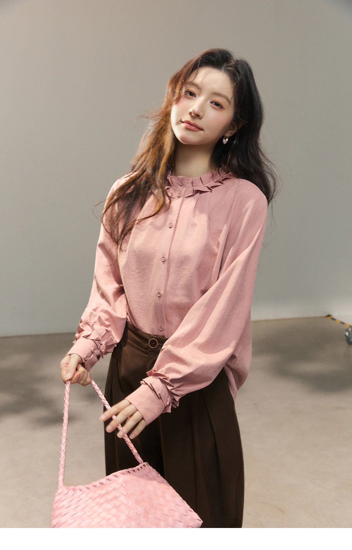 MISHOW Peach Skin Solid Shirt Ruffled Crew Neck MXF11C2431