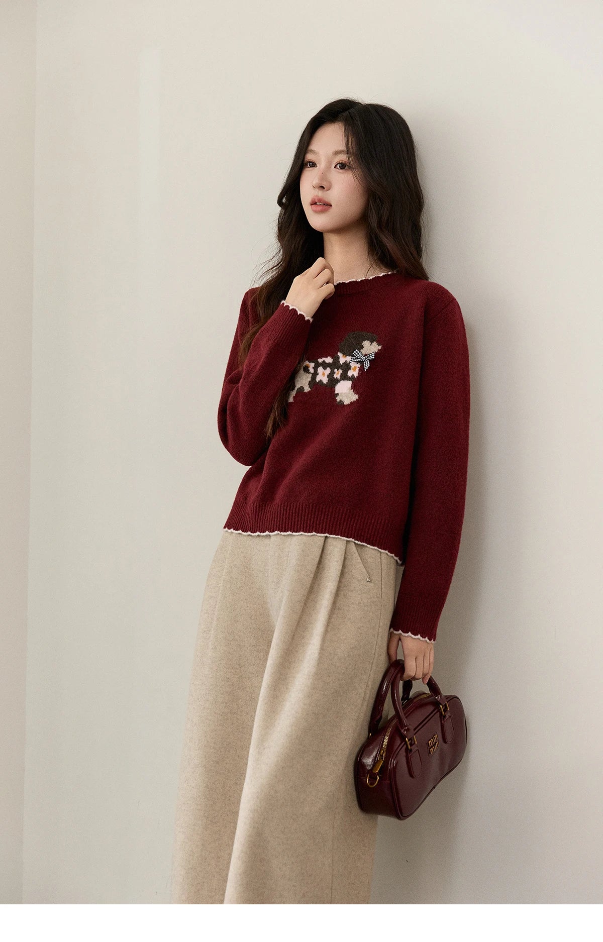 Mishow Burgundy Poodle Pattern Ruffled Trim Pullover MXE93Z2949