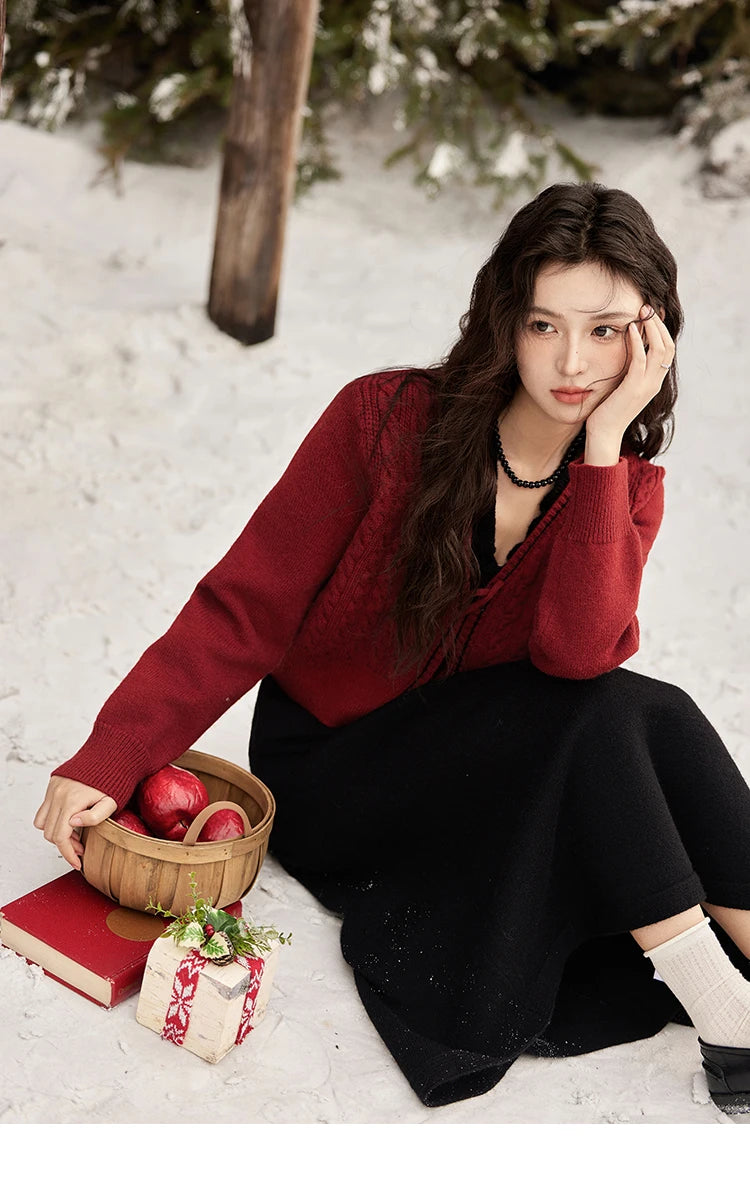 Mishow Red Knitted Cardigan & V-Neck Midi Dress Set MXD58L2085