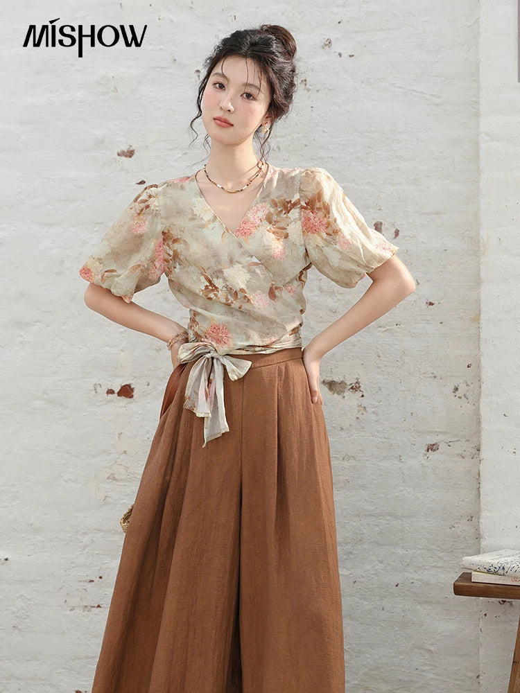 MISHOW French V-Neck Floral Puff Sleeve Blouse MXD28X1619