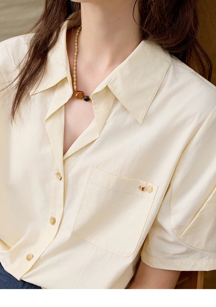 MISHOW French Turn-Down Collar Short Sleeve Solid Blouse MXE33C0778