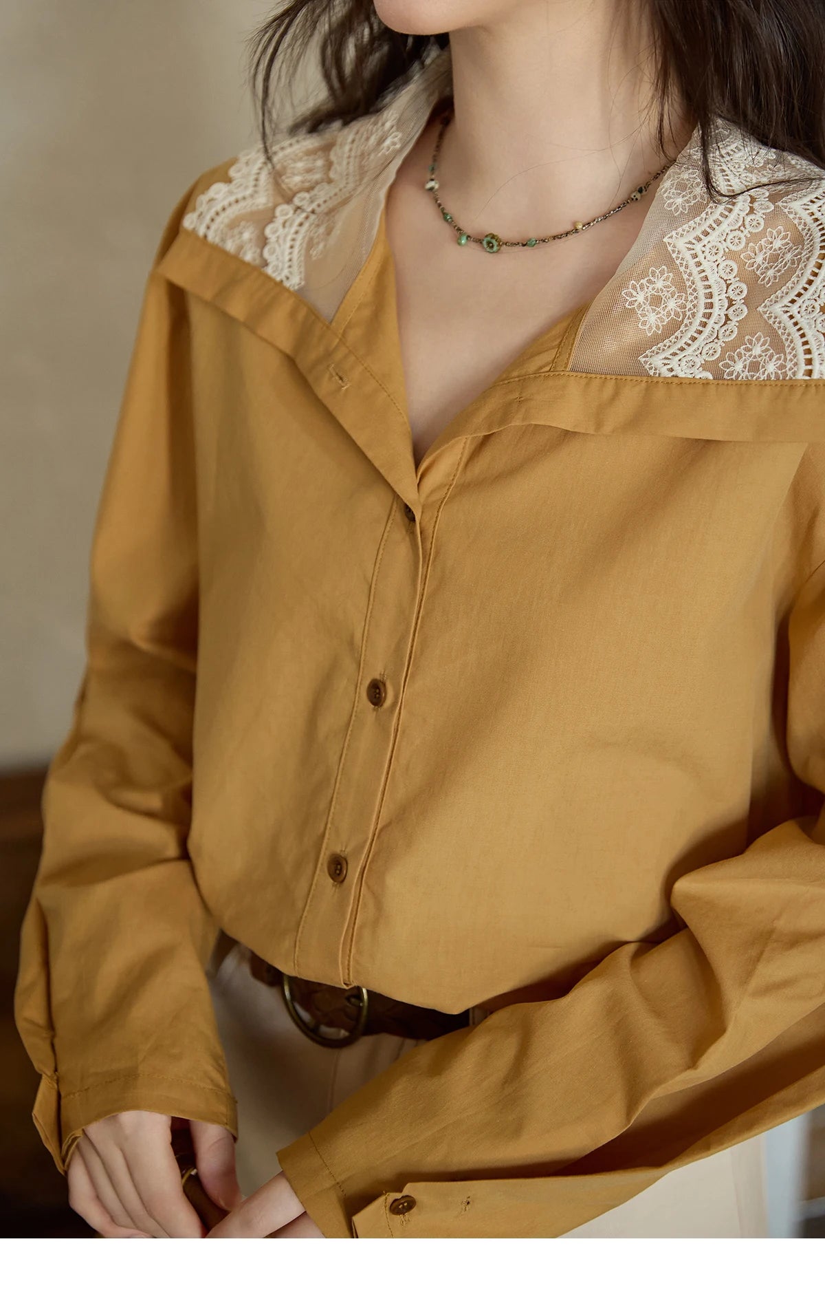 MISHOW Solid Cotton Shirt V-Neck Double Layer Lace MXE41C2366