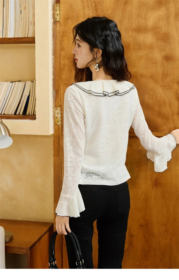 MISHOW Lace Blouse V-Neck Ruffle Edge Contrast Embroidery Flare Sleeve MXE45X2483