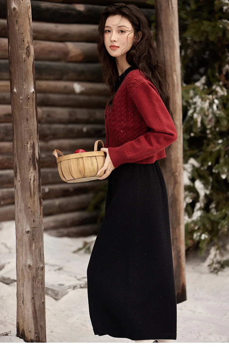 Mishow Red Knitted Cardigan & V-Neck Midi Dress Set MXD58L2085