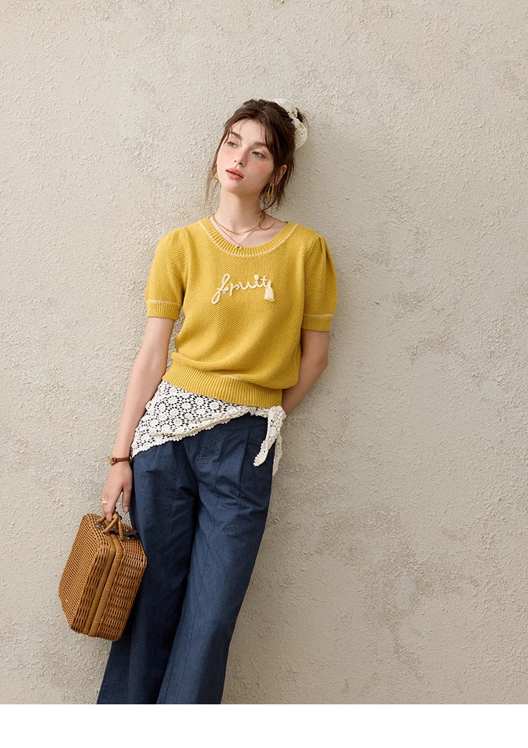 Mishow French Letter Short Sleeve Round Neck Pullover MXE33Z1219