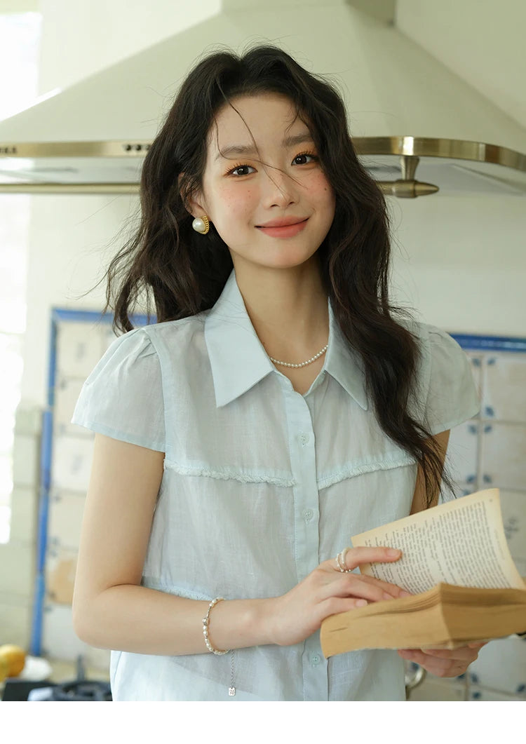 MISHOW Turn-Down Collar Button Shirt Edge Splicing Short Sleeve MXE39C2363