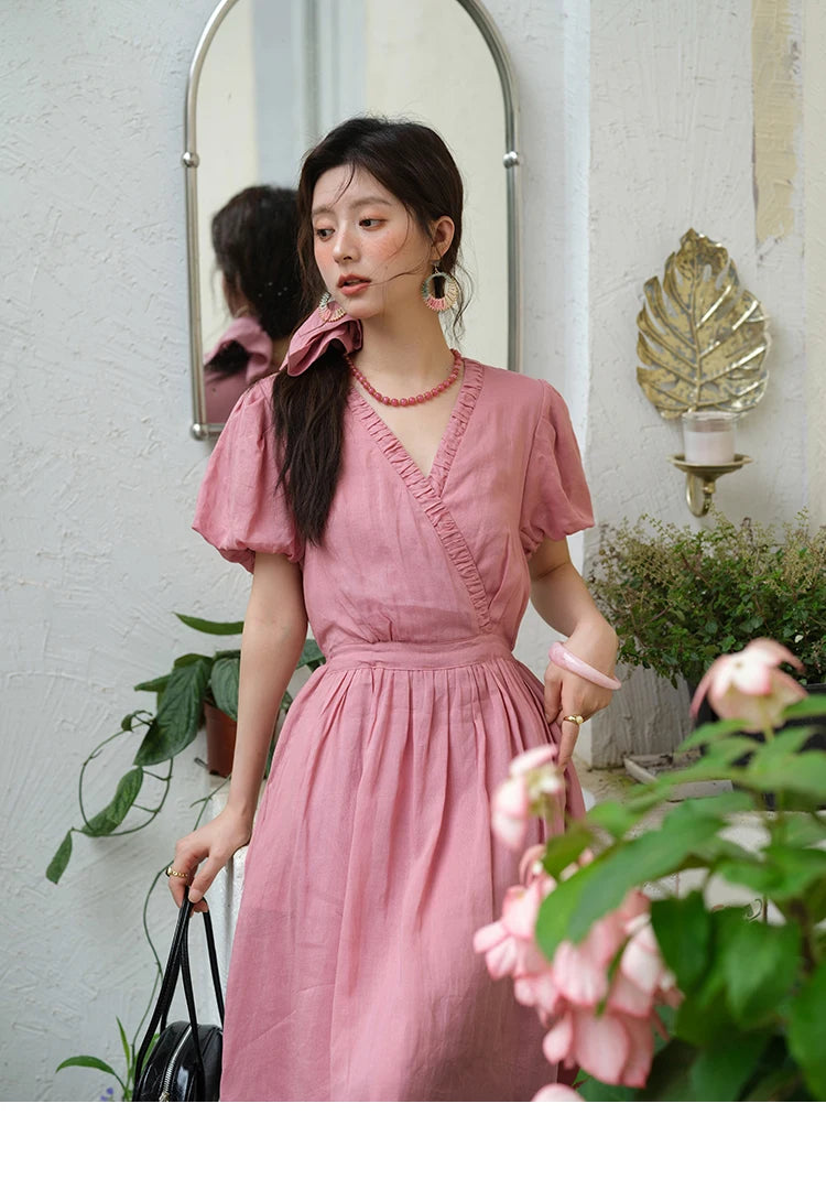 Mishow V-Neck Puff Sleeve Pocket Sash Dress MXE39L2381