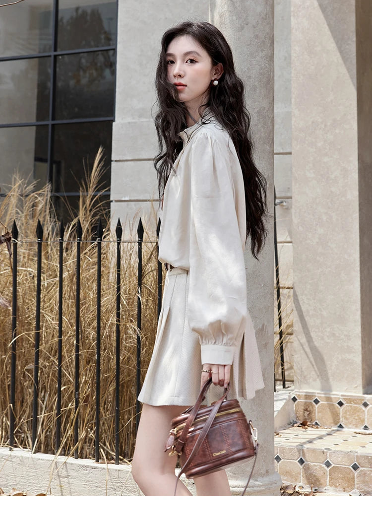 Mishow French Apricot Stand Collar Shirt & Pleated Mini Skirt Set MXD48C0365