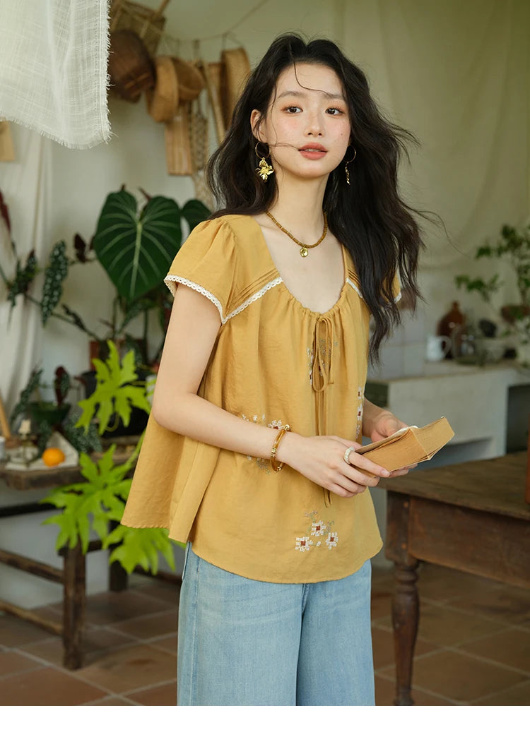 MISHOW Embroidery Flower Blouse O-Neck Lace Up Flying Sleeve MXE39X1880