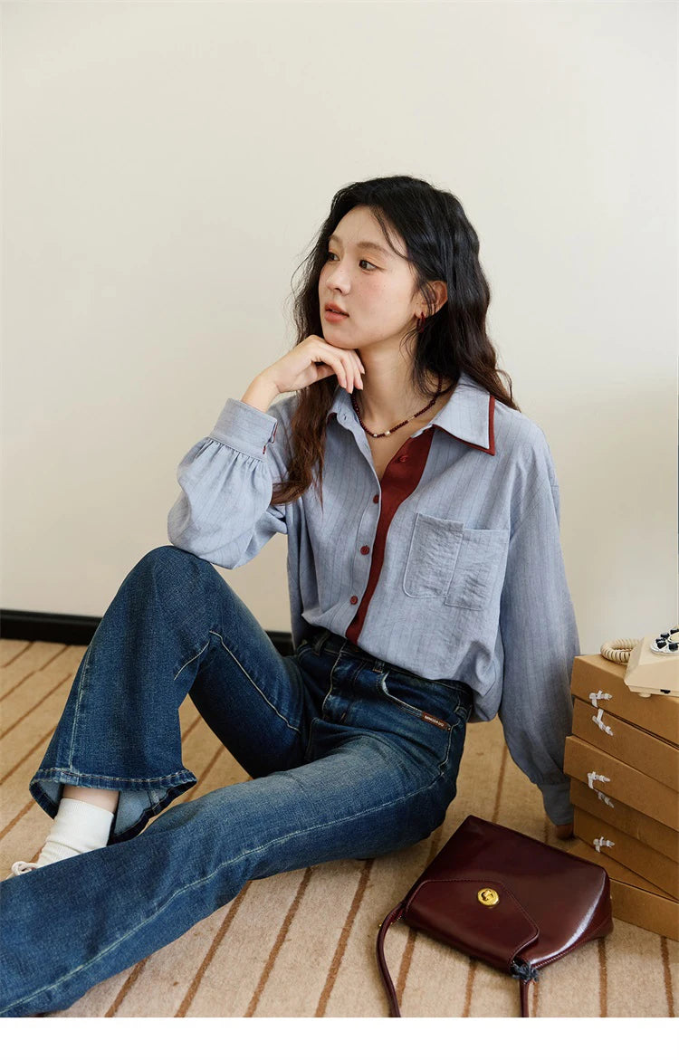 MISHOW Blue Red Striped Shirt Contrast Splicing Lapel MXE46C2405