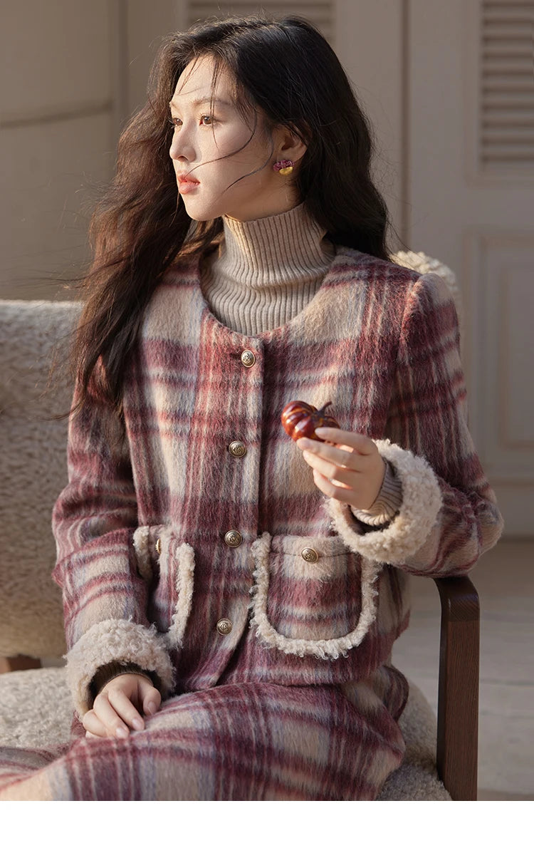 Mishow Plaid Tweed Jacket & Midi Skirt Set MXD54W0562
