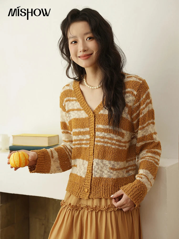 Mishow Retro Yellow Striped V-Neck Cardigan MXE44Z2516