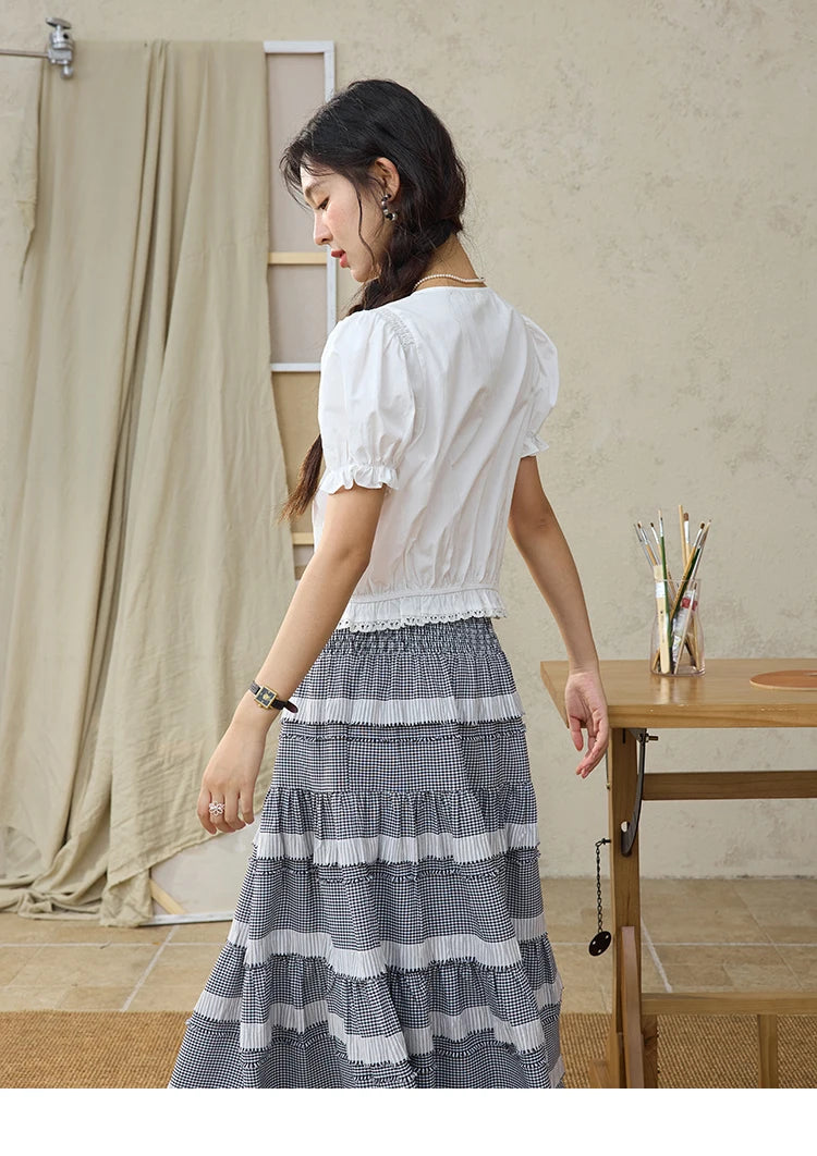 MISHOW Lace Puff Sleeve Shirt Flower Buttons Hem Elastic MXE34X1820