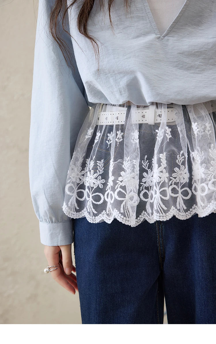 MISHOW French Fake Two-Piece Blouse Turn-Down Collar Lace Splicing MXE16C0783