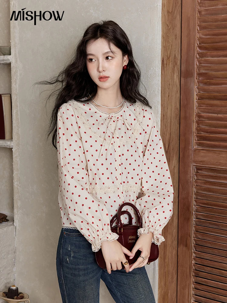 MISHOW Lace Up Polka Dot Round Neck Lace Shirt Elastic Petal Cuffs MXD44X1667