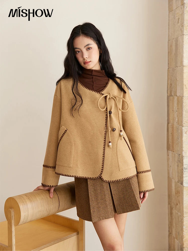 MISHOW Khaki Asymmetrical Coat Shell Flower Embroidery Lace-Up MXE49W0854