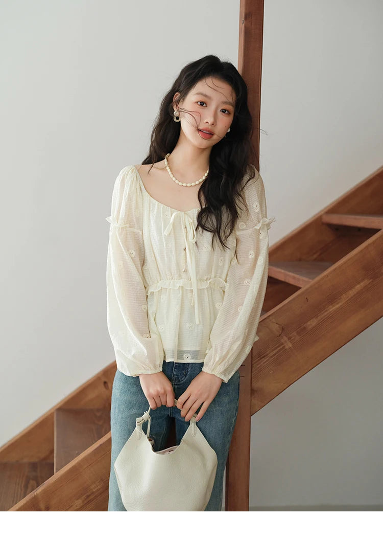 MISHOW Cashew Flower Embroidered Blouse V-Neck Lace Up Puff Sleeve MXE41X1945
