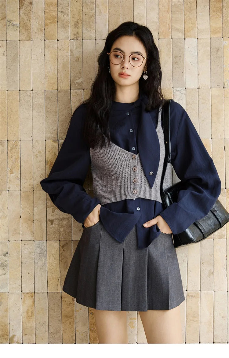 MISHOW Navy Ribbon Layered Shirt Knit Camisole Two-Piece Set MXE47T1412