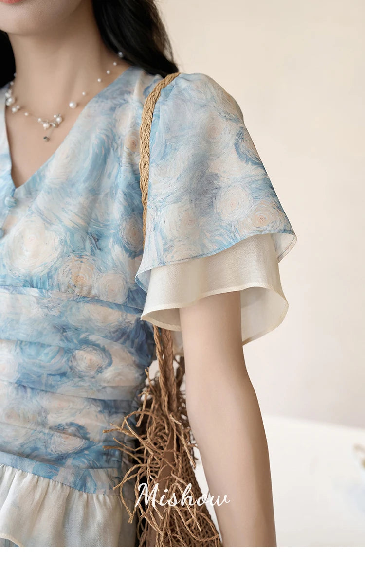 Mishow Van Gogh Double Layer Sleeve Asymmetrical Dress MXC39L1527