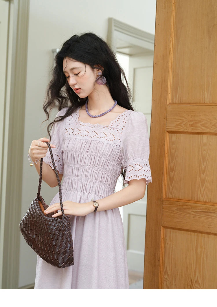Mishow Purple Square Neck Puff Sleeve Lace Dress MXE39L2406