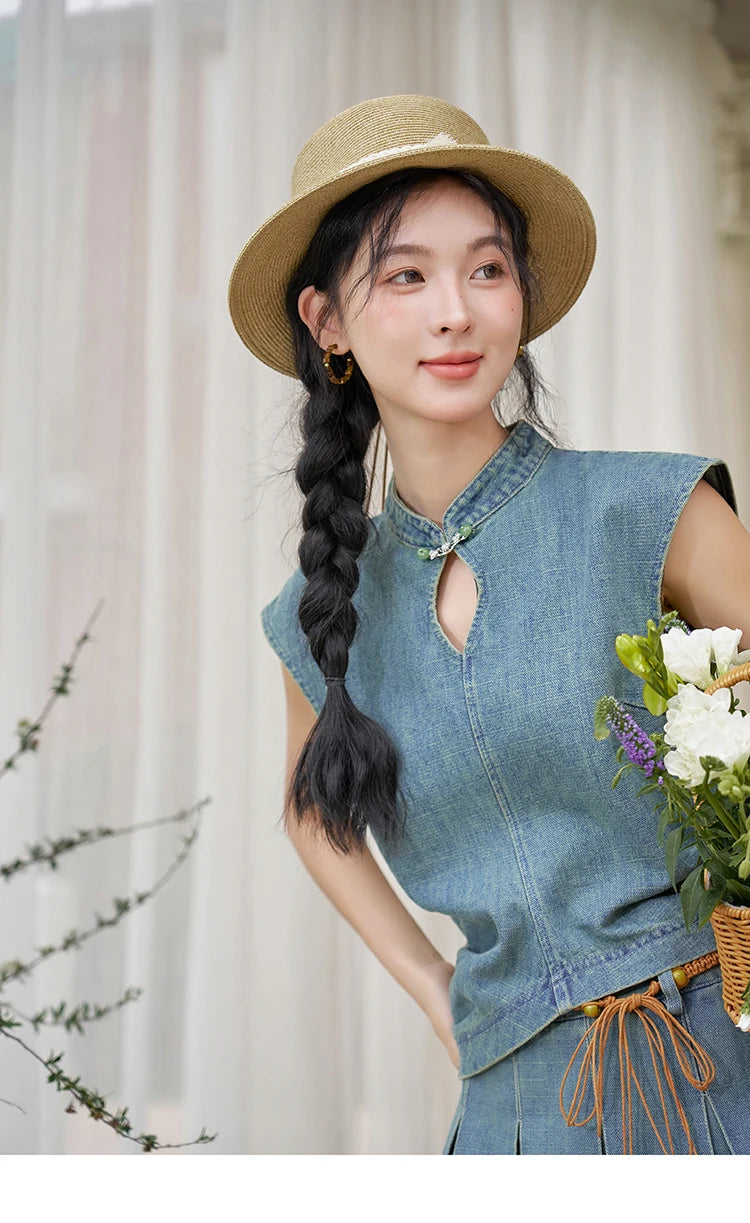 Mishow Chinese Stand Collar Vest & Pleated Denim Skirt Set MXD21X1465
