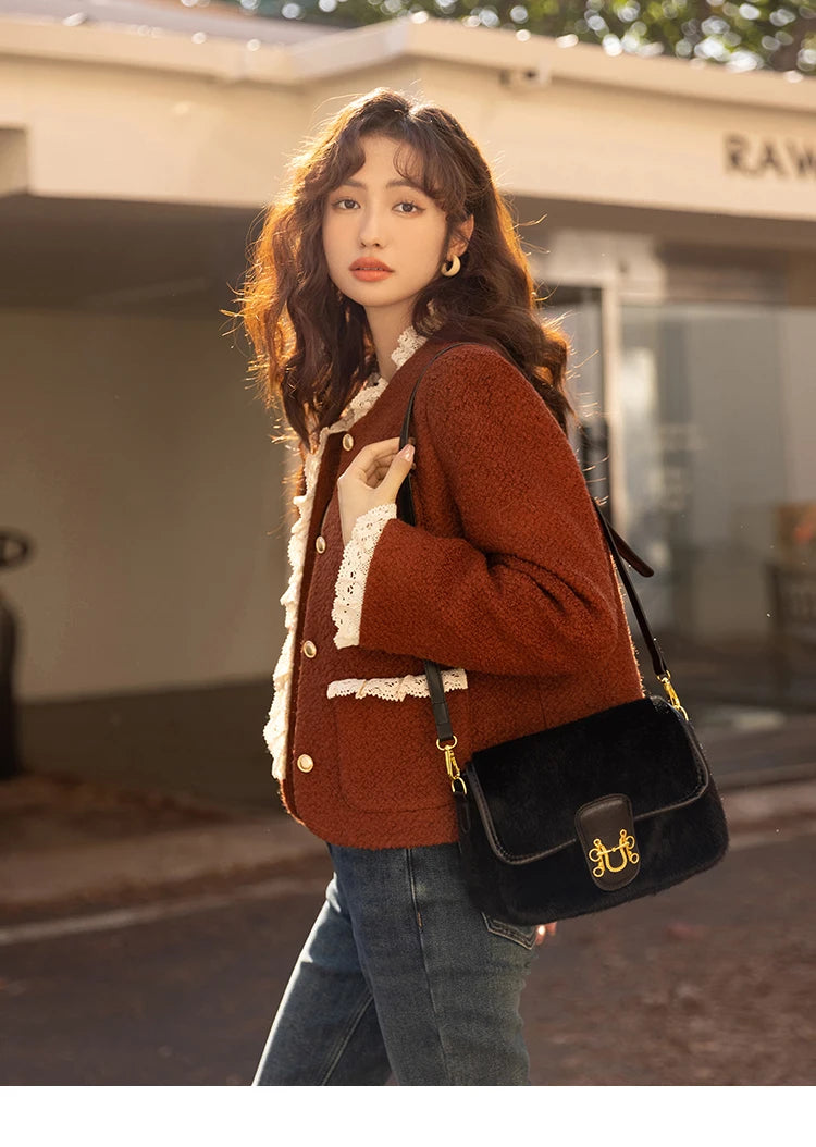 MISHOW Wool Coat Lace Splicing Lamb Wool Button Pockets MXB43W0720