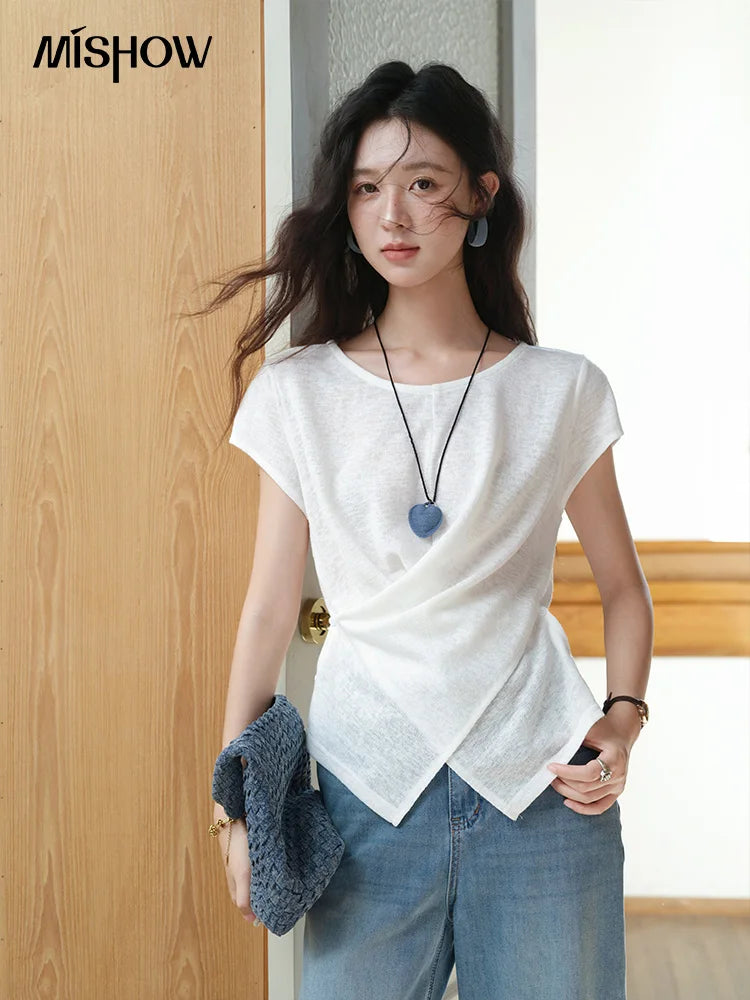 MISHOW Round Neck Knitted T-Shirt Irregular Design Button MXE39T0709