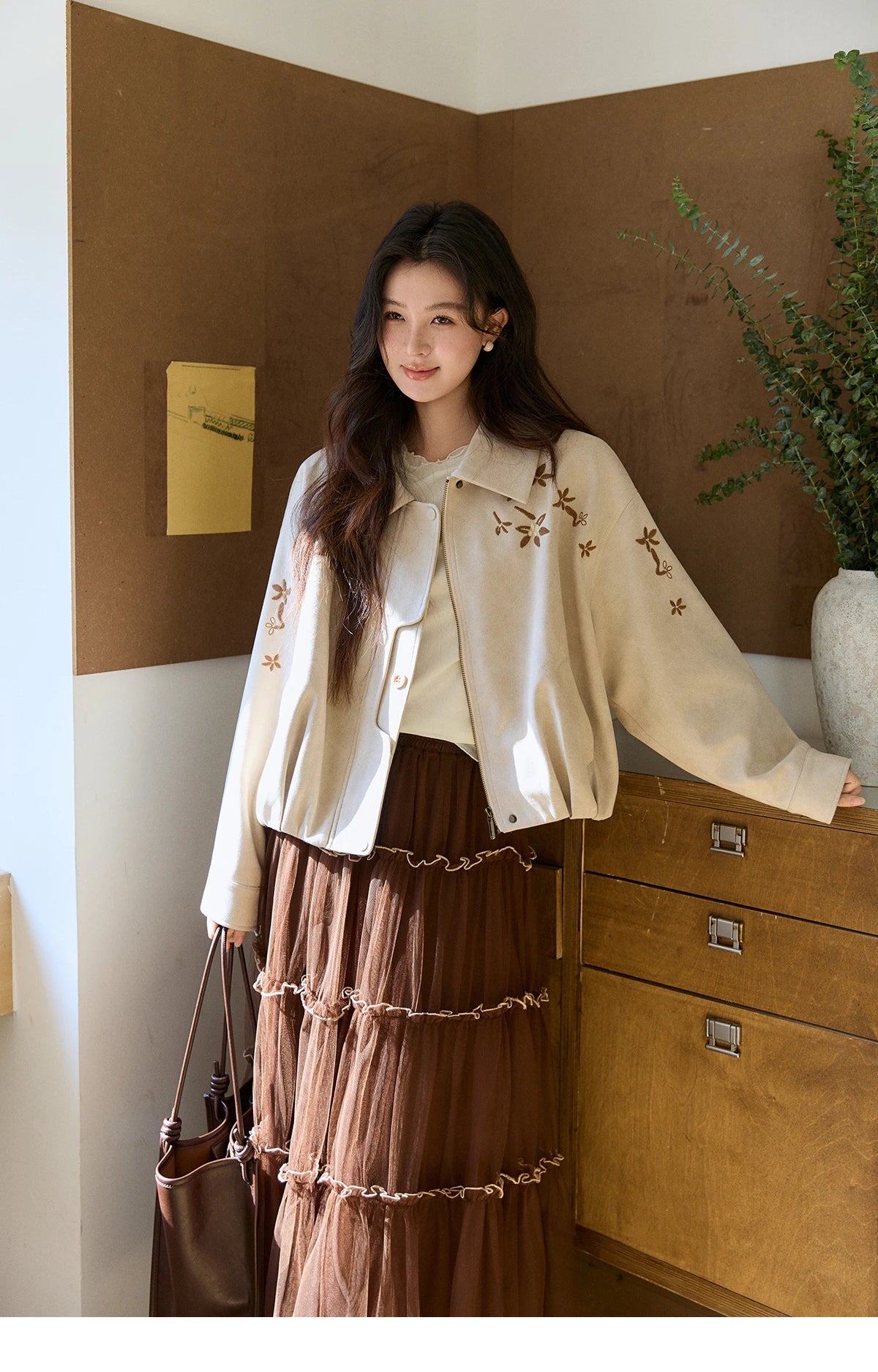 MISHOW Imitation Suede Jacket Floral Embroidery Lapel Zipper MXF11W1027