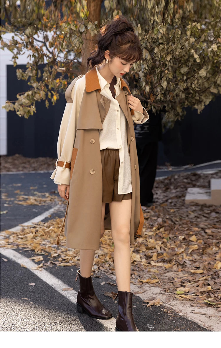 Mishow Khaki Contrast Color Spliced Trench Coat MXB31W0367