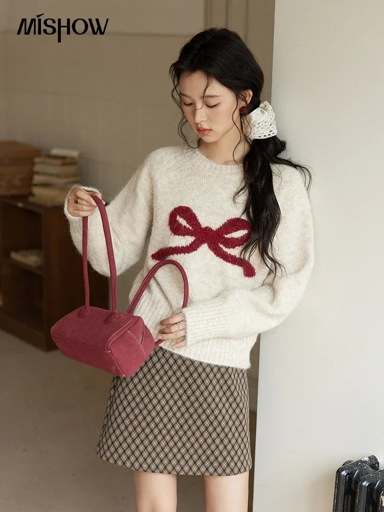 Mishow French Beige Embroidered Bow Tie O-Neck Sweater MXD35Z0944