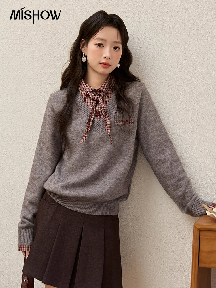 Mishow Fake Two-Piece Plaid Turn-Down Collar Sweater MXE89Z2605