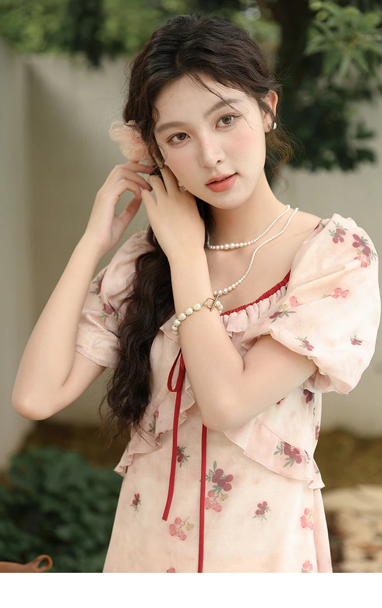 MISHOW Korean Floral Bubble Sleeve Lace-Up Dress MXD31L1924