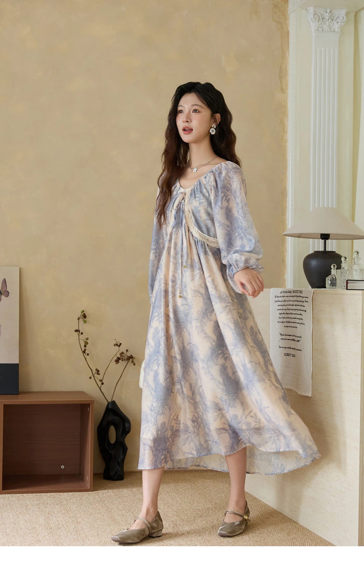 Mishow Blue Floral Lace Panel Drawstring Dress MXE45L2507