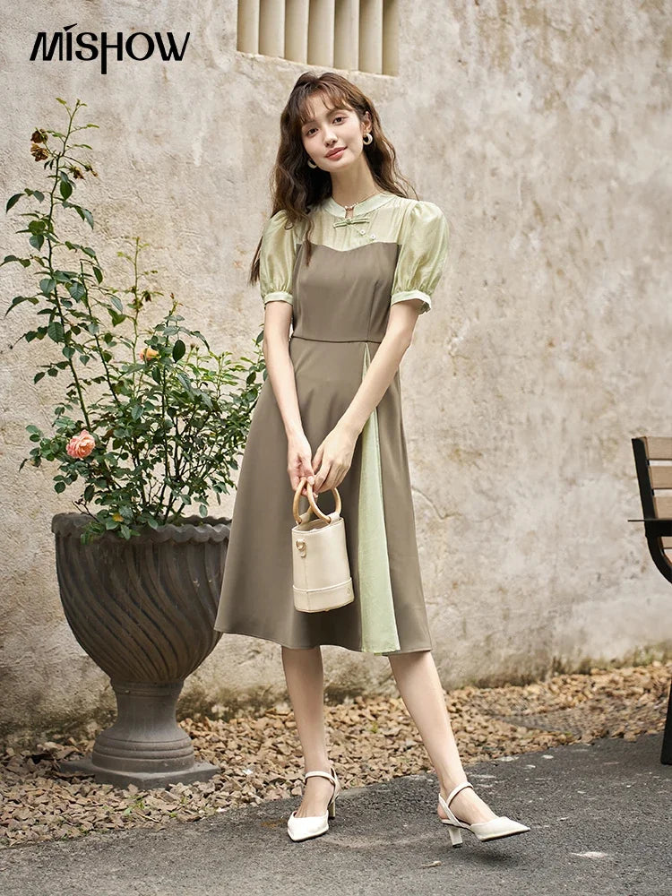 Mishow Chinese Style Puff Sleeve Fake Two-Piece Dress MXC35L1354