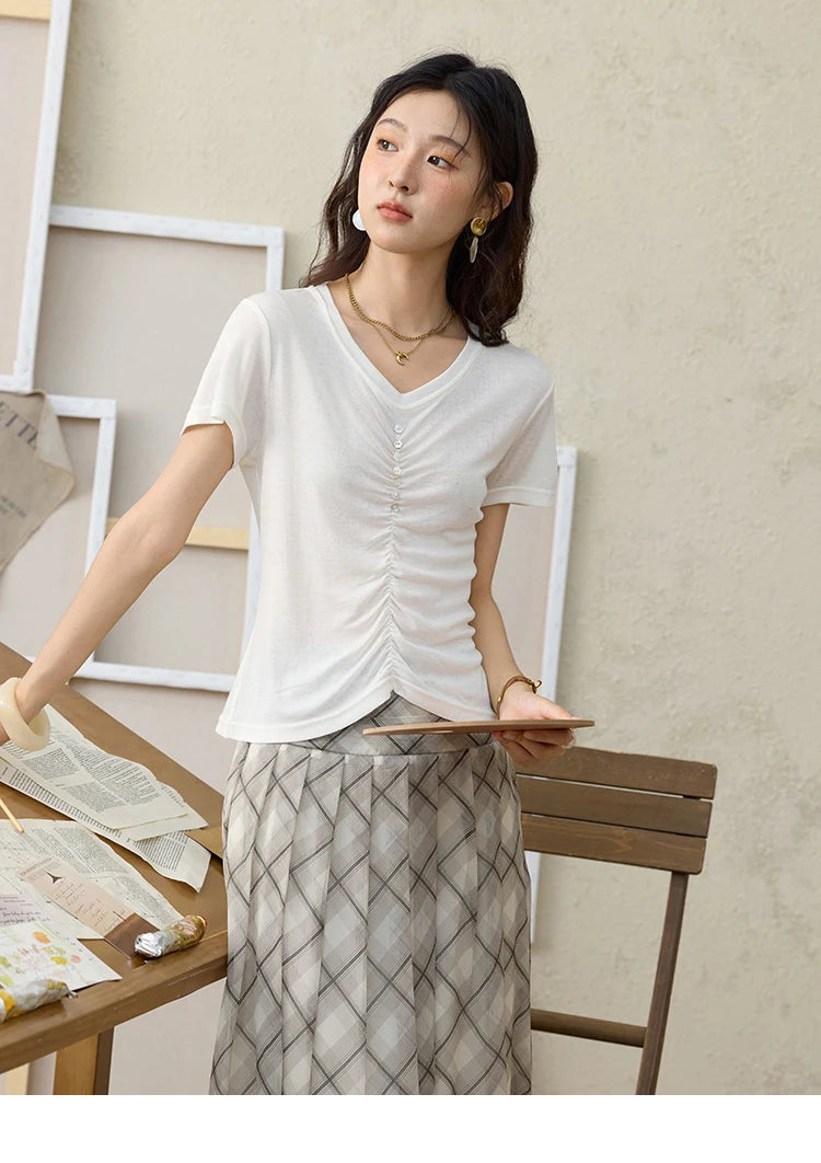 Mishow V-Neck Front Elastic Shell Button Tee MXE34T0560