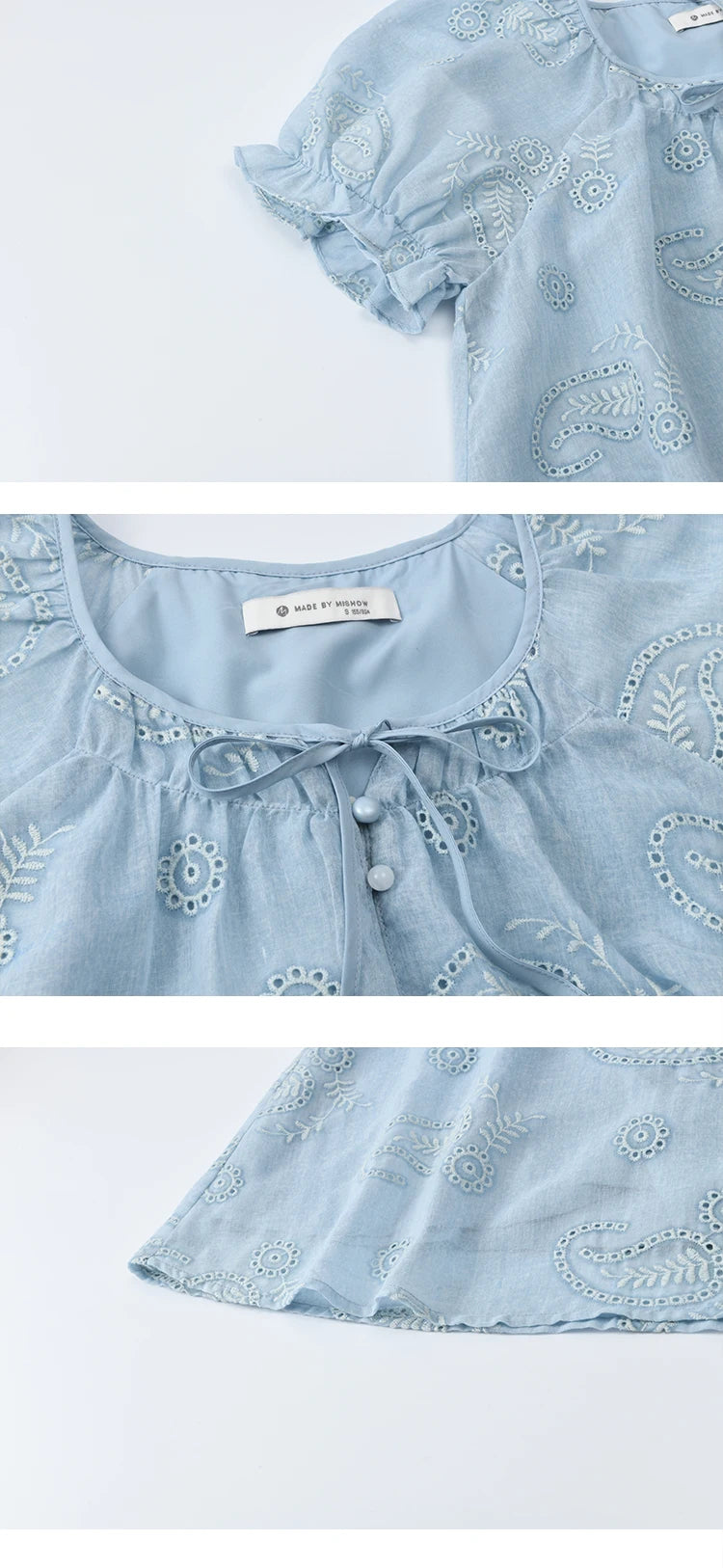 MISHOW Embroidered Flower Shirt Puff Sleeve Round Neck MXE39X1922